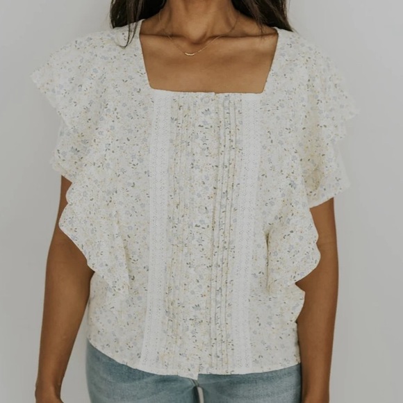 Roolee Tops - Roolee Floral Ruffle Blouse in Cream